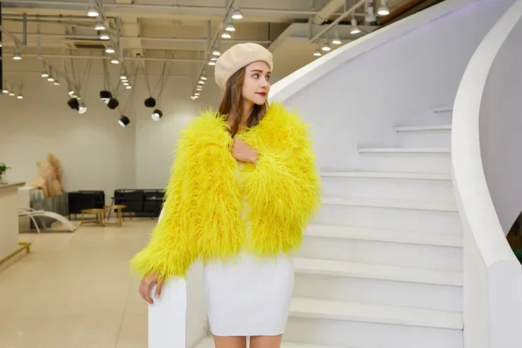 Women Imitation Sheep Faux Short Coat Thermal Slim Fit Loose Elegant High Street Button Jacket Round Neck 2026 Winter Outwear