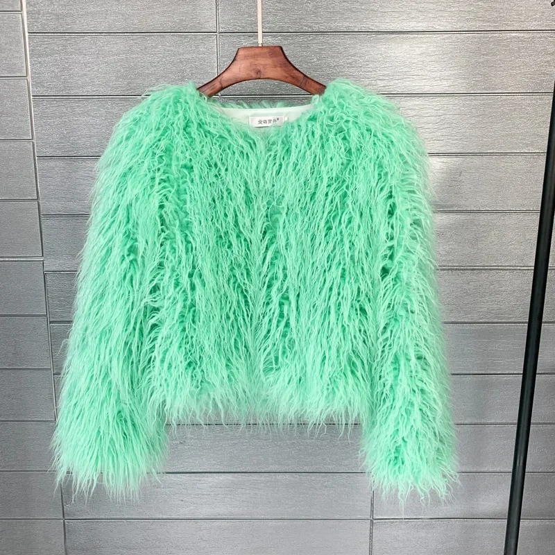 Women Imitation Sheep Faux Short Coat Thermal Slim Fit Loose Elegant High Street Button Jacket Round Neck 2026 Winter Outwear