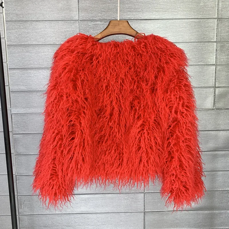 Women Imitation Sheep Faux Short Coat Thermal Slim Fit Loose Elegant High Street Button Jacket Round Neck 2026 Winter Outwear