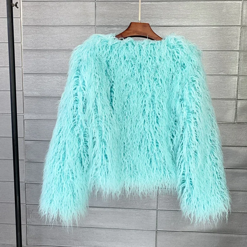 Women Imitation Sheep Faux Short Coat Thermal Slim Fit Loose Elegant High Street Button Jacket Round Neck 2026 Winter Outwear