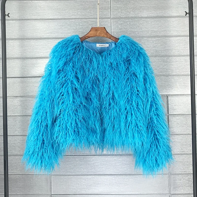 Women Imitation Sheep Faux Short Coat Thermal Slim Fit Loose Elegant High Street Button Jacket Round Neck 2026 Winter Outwear