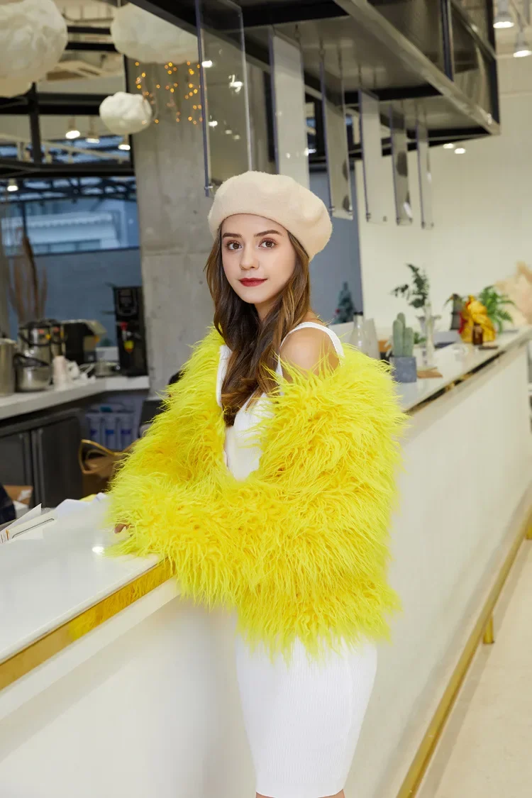 Women Imitation Sheep Faux Short Coat Thermal Slim Fit Loose Elegant High Street Button Jacket Round Neck 2026 Winter Outwear