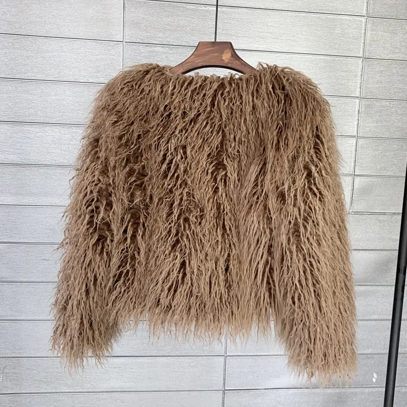 Women Imitation Sheep Faux Short Coat Thermal Slim Fit Loose Elegant High Street Button Jacket Round Neck 2026 Winter Outwear