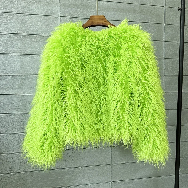 Women Imitation Sheep Faux Short Coat Thermal Slim Fit Loose Elegant High Street Button Jacket Round Neck 2026 Winter Outwear