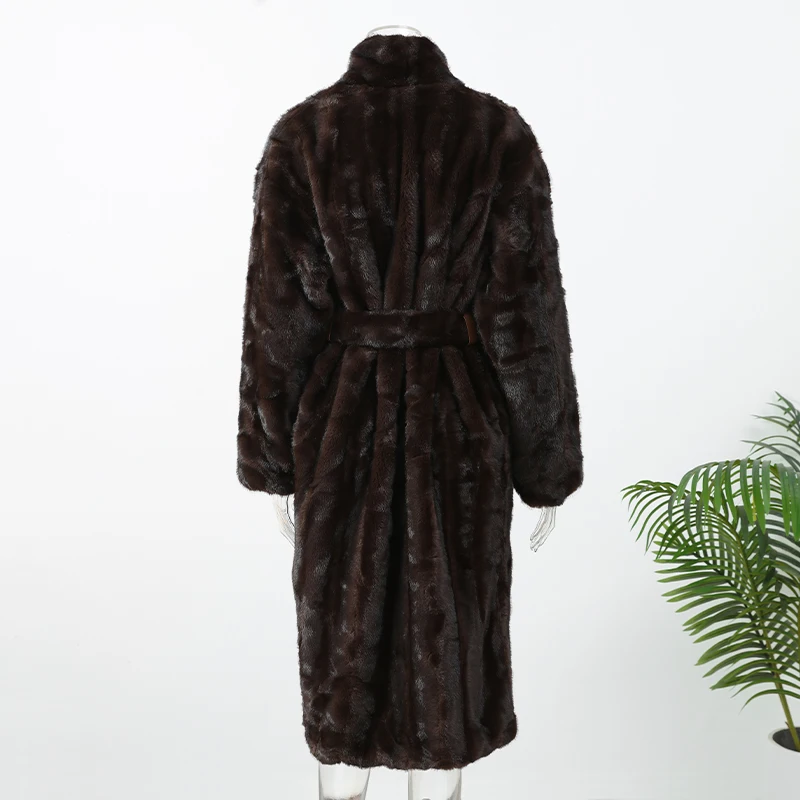Brown Lace Up Faux Fur Coat Women Fashion Casual Full Sleeve Fluffy Loose Striped Long Coats Lady Winter Daily Street Jacket