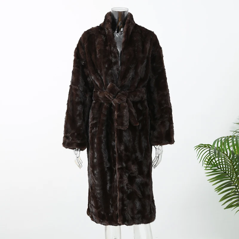 Brown Lace Up Faux Fur Coat Women Fashion Casual Full Sleeve Fluffy Loose Striped Long Coats Lady Winter Daily Street Jacket