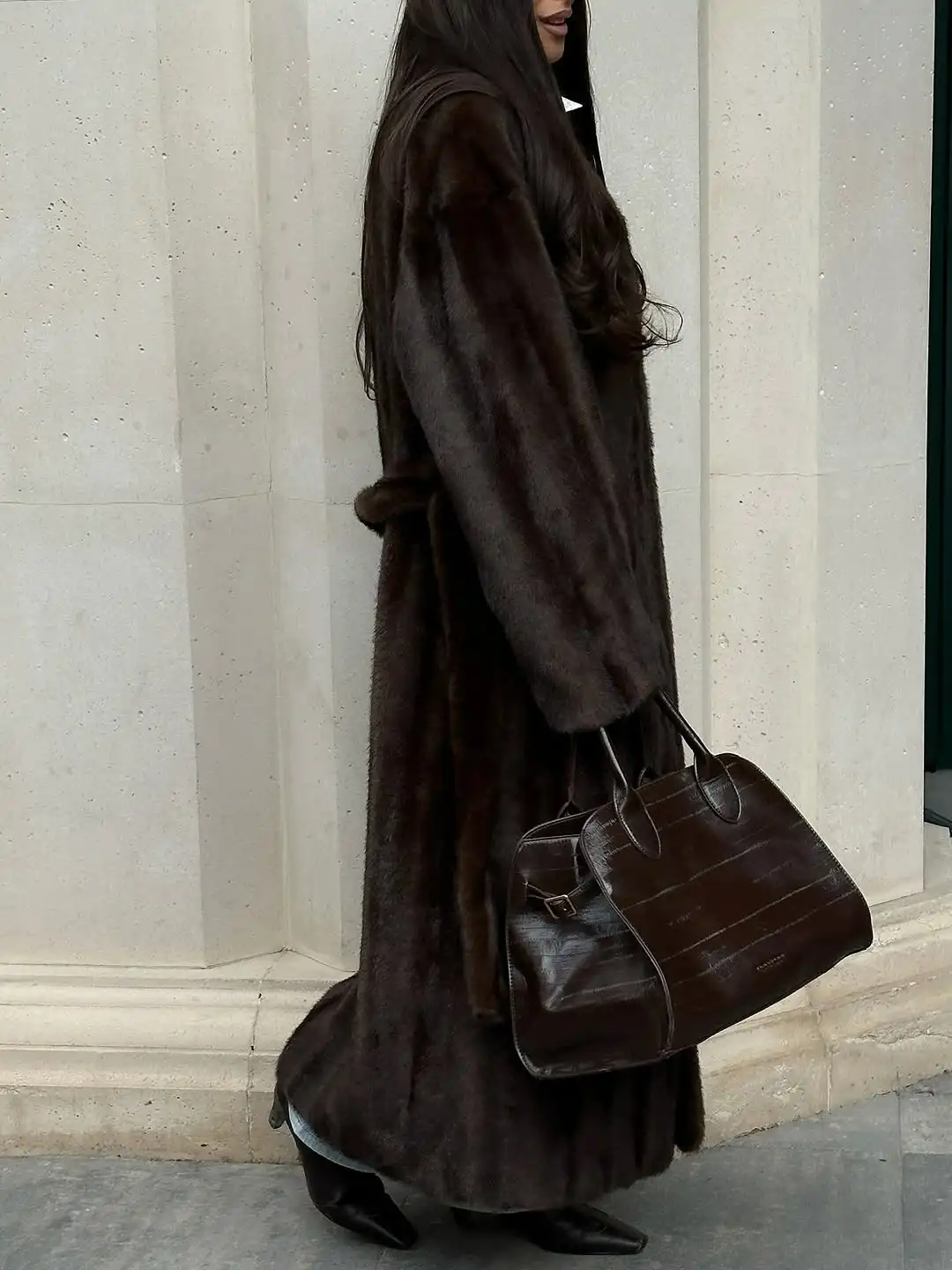 Brown Lace Up Faux Fur Coat Women Fashion Casual Full Sleeve Fluffy Loose Striped Long Coats Lady Winter Daily Street Jacket