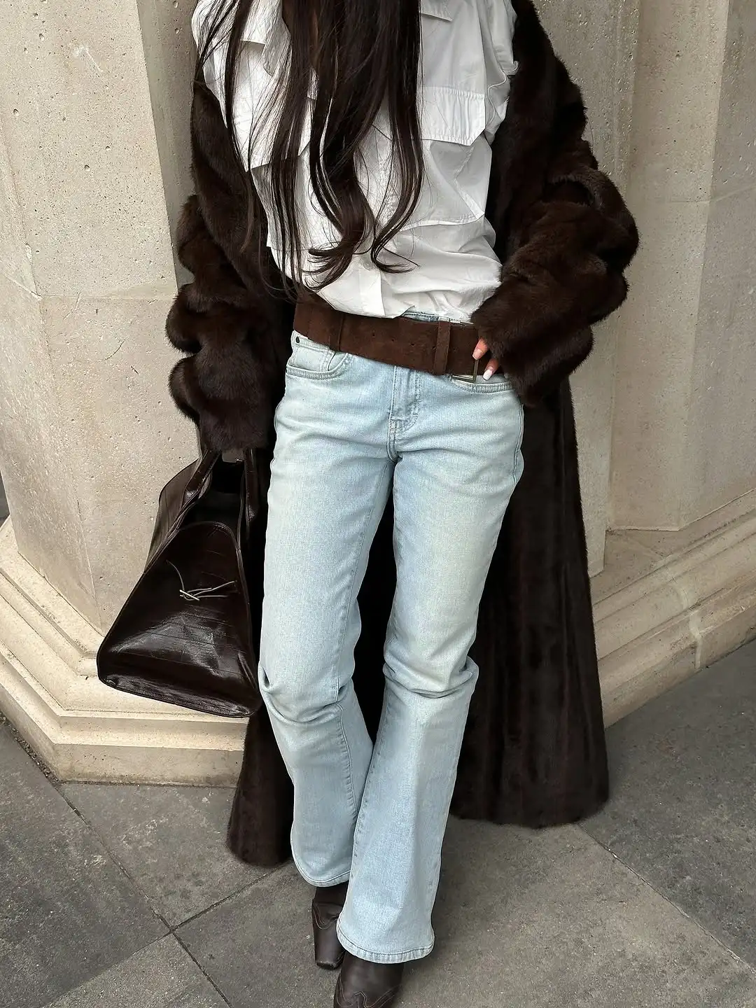 Brown Lace Up Faux Fur Coat Women Fashion Casual Full Sleeve Fluffy Loose Striped Long Coats Lady Winter Daily Street Jacket