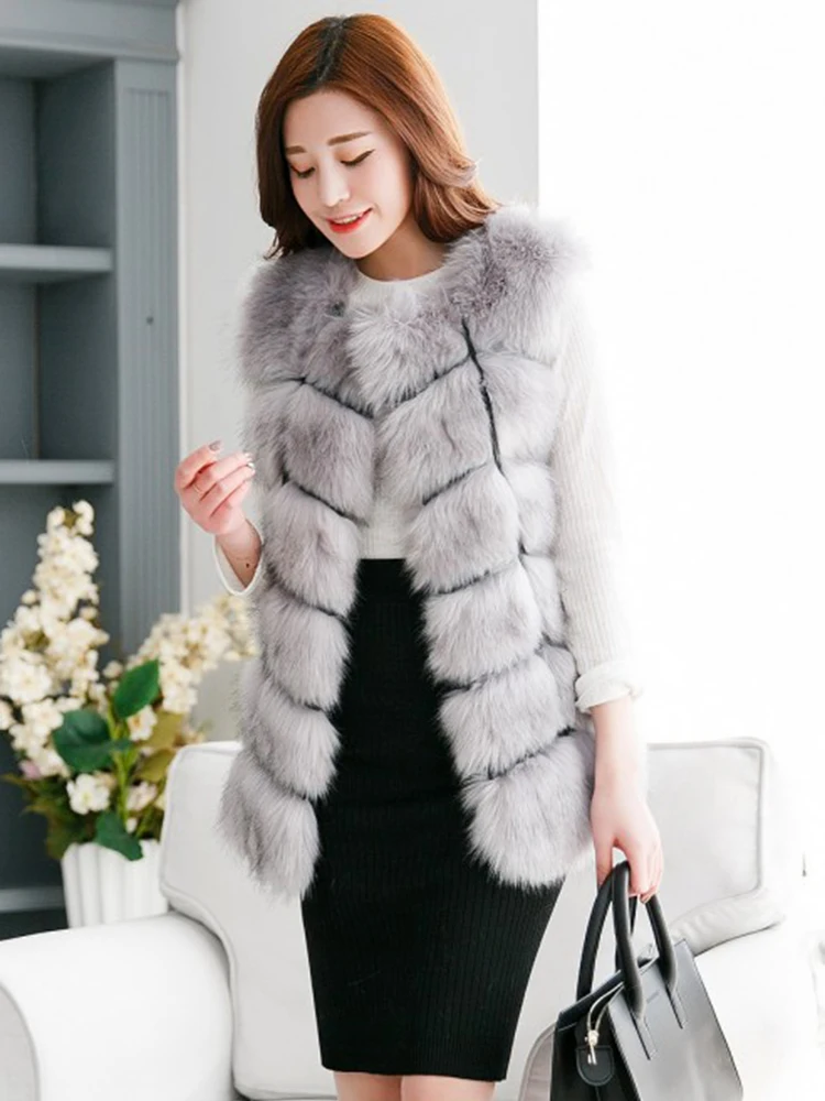 ZADORIN Hotsale Female Fur Waistcoat Winter Fluffy Faux Fur Vest Women O-Neck Spliced Sleeveless Long Faux Fur Coat Woman Vests