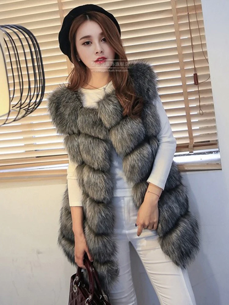 ZADORIN Hotsale Female Fur Waistcoat Winter Fluffy Faux Fur Vest Women O-Neck Spliced Sleeveless Long Faux Fur Coat Woman Vests