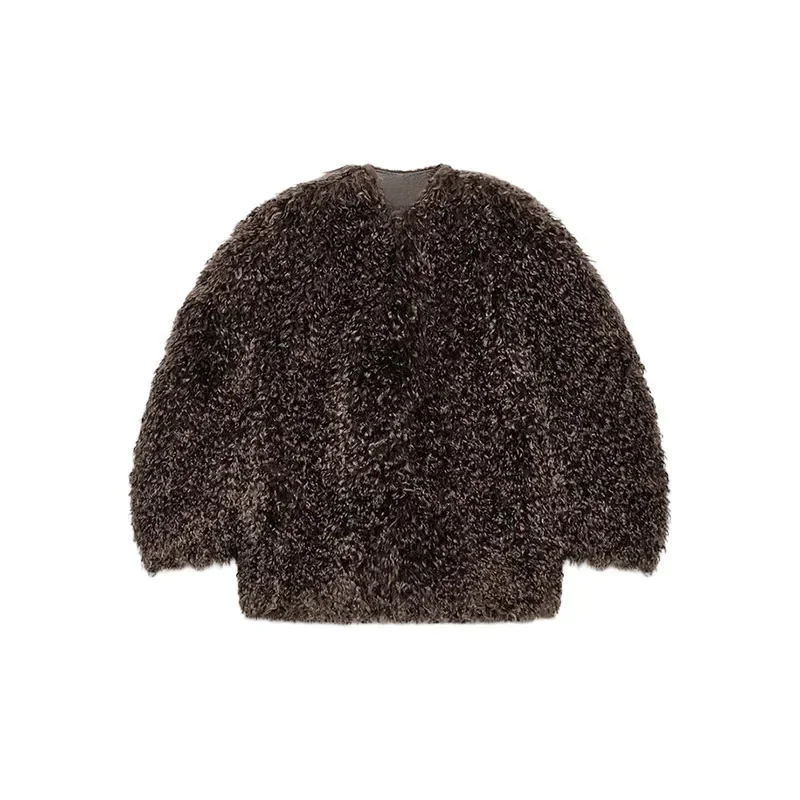 Women Brown Curly Faux Fur Coat Elegant Round Neck Full Sleeve Loose Short Furry Coats 2026 Lady Fashion Winter Street Warm Wear