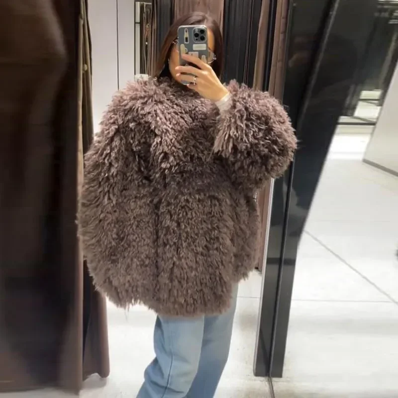 Women Brown Curly Faux Fur Coat Elegant Round Neck Full Sleeve Loose Short Furry Coats 2026 Lady Fashion Winter Street Warm Wear