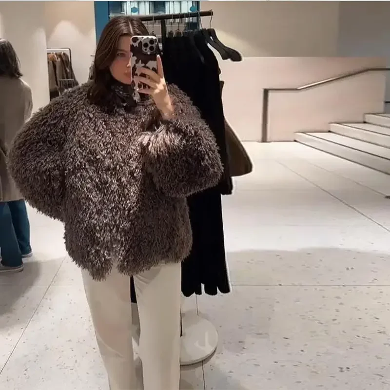 Women Brown Curly Faux Fur Coat Elegant Round Neck Full Sleeve Loose Short Furry Coats 2026 Lady Fashion Winter Street Warm Wear