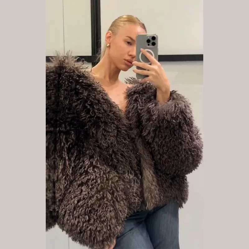 Women Brown Curly Faux Fur Coat Elegant Round Neck Full Sleeve Loose Short Furry Coats 2026 Lady Fashion Winter Street Warm Wear