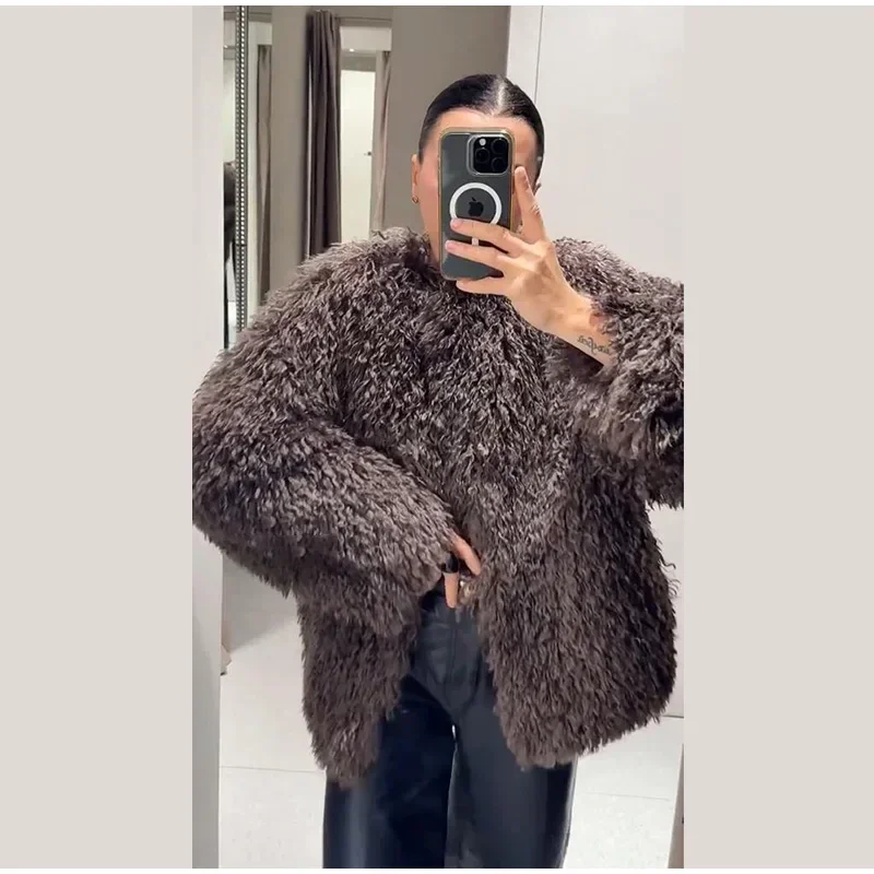 Women Brown Curly Faux Fur Coat Elegant Round Neck Full Sleeve Loose Short Furry Coats 2026 Lady Fashion Winter Street Warm Wear
