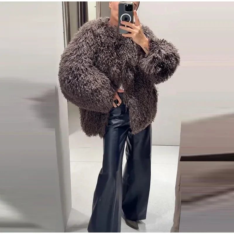 Women Brown Curly Faux Fur Coat Elegant Round Neck Full Sleeve Loose Short Furry Coats 2026 Lady Fashion Winter Street Warm Wear
