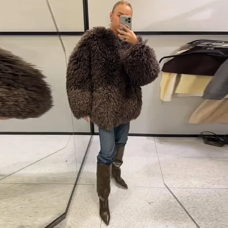 Women Brown Curly Faux Fur Coat Elegant Round Neck Full Sleeve Loose Short Furry Coats 2026 Lady Fashion Winter Street Warm Wear