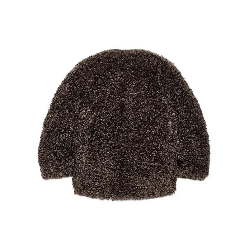 Women Brown Curly Faux Fur Coat Elegant Round Neck Full Sleeve Loose Short Furry Coats 2026 Lady Fashion Winter Street Warm Wear