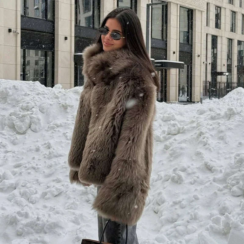 Women Solid Faux Fur Long Coats Fashion Lapel Full Sleeve Fluffy Luxury Loose Casual Outerwears 2026 Winter High Street Outwear