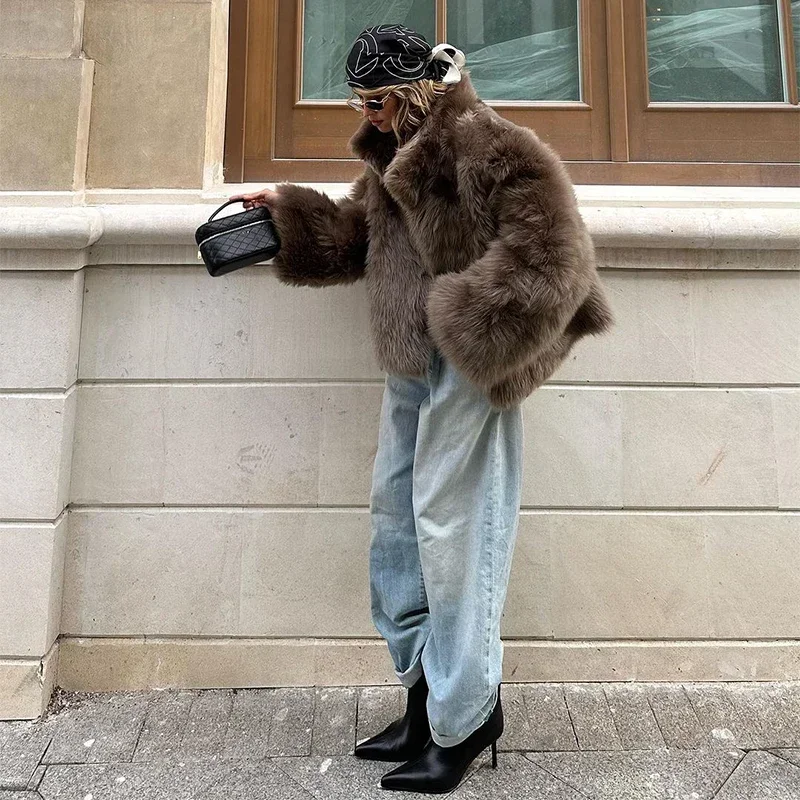 Women Solid Faux Fur Long Coats Fashion Lapel Full Sleeve Fluffy Luxury Loose Casual Outerwears 2026 Winter High Street Outwear