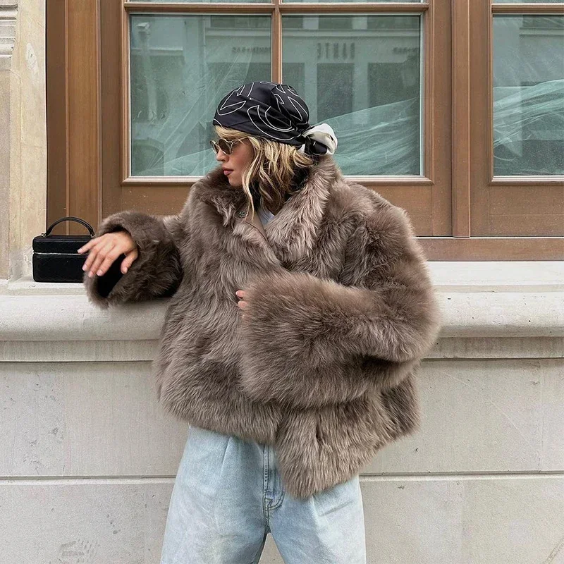 Women Solid Faux Fur Long Coats Fashion Lapel Full Sleeve Fluffy Luxury Loose Casual Outerwears 2026 Winter High Street Outwear