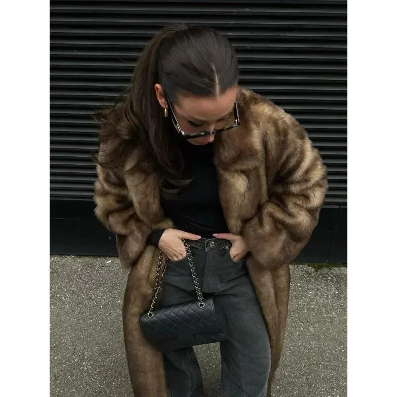 Women Solid Faux Fur Long Coats Fashion Lapel Full Sleeve Fluffy Luxury Loose Casual Outerwears 2026 Winter High Street Outwear