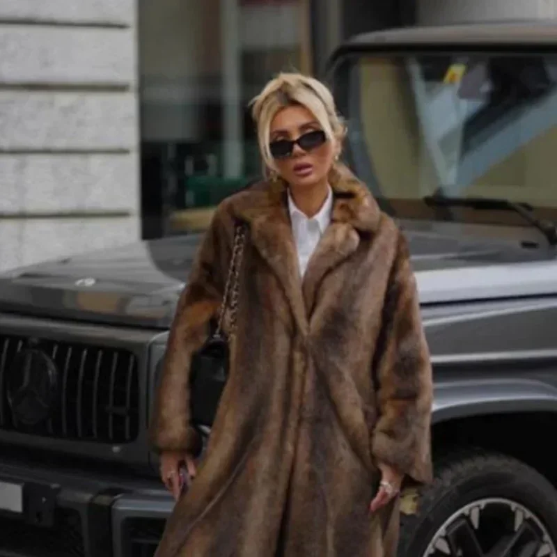 Women Solid Faux Fur Long Coats Fashion Lapel Full Sleeve Fluffy Luxury Loose Casual Outerwears 2026 Winter High Street Outwear