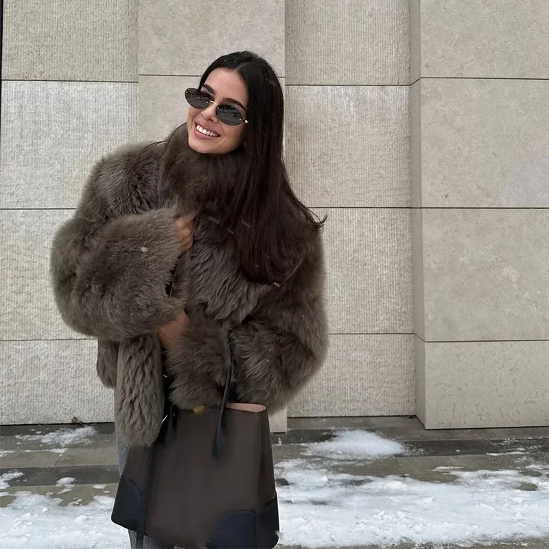 Women Solid Faux Fur Long Coats Fashion Lapel Full Sleeve Fluffy Luxury Loose Casual Outerwears 2026 Winter High Street Outwear