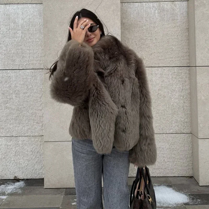 Women Solid Faux Fur Long Coats Fashion Lapel Full Sleeve Fluffy Luxury Loose Casual Outerwears 2026 Winter High Street Outwear