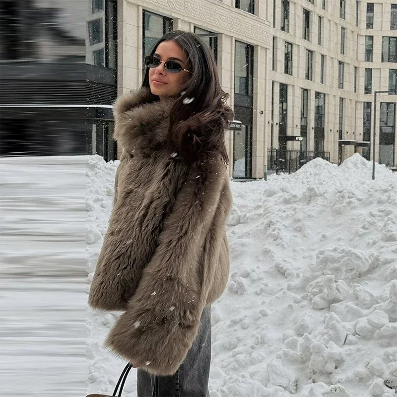 Women Solid Faux Fur Long Coats Fashion Lapel Full Sleeve Fluffy Luxury Loose Casual Outerwears 2026 Winter High Street Outwear