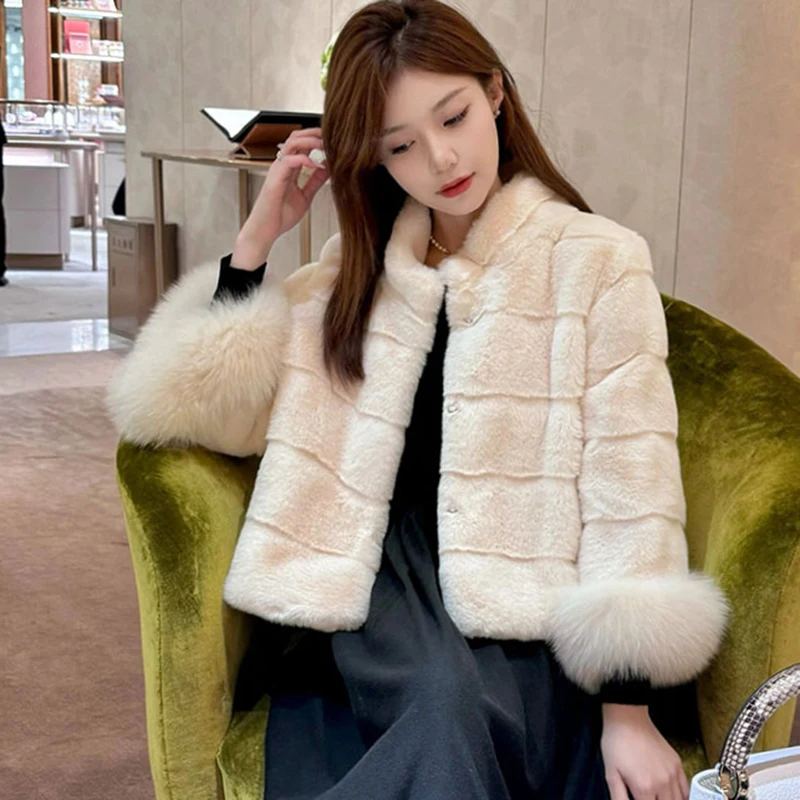 2026 Elegant Cropped Faux Fox Fur Coat for Women Autumn Winter Fashion Fluffy Cuff Warm Jacket Female Soft Cozy Plush Outerwear
