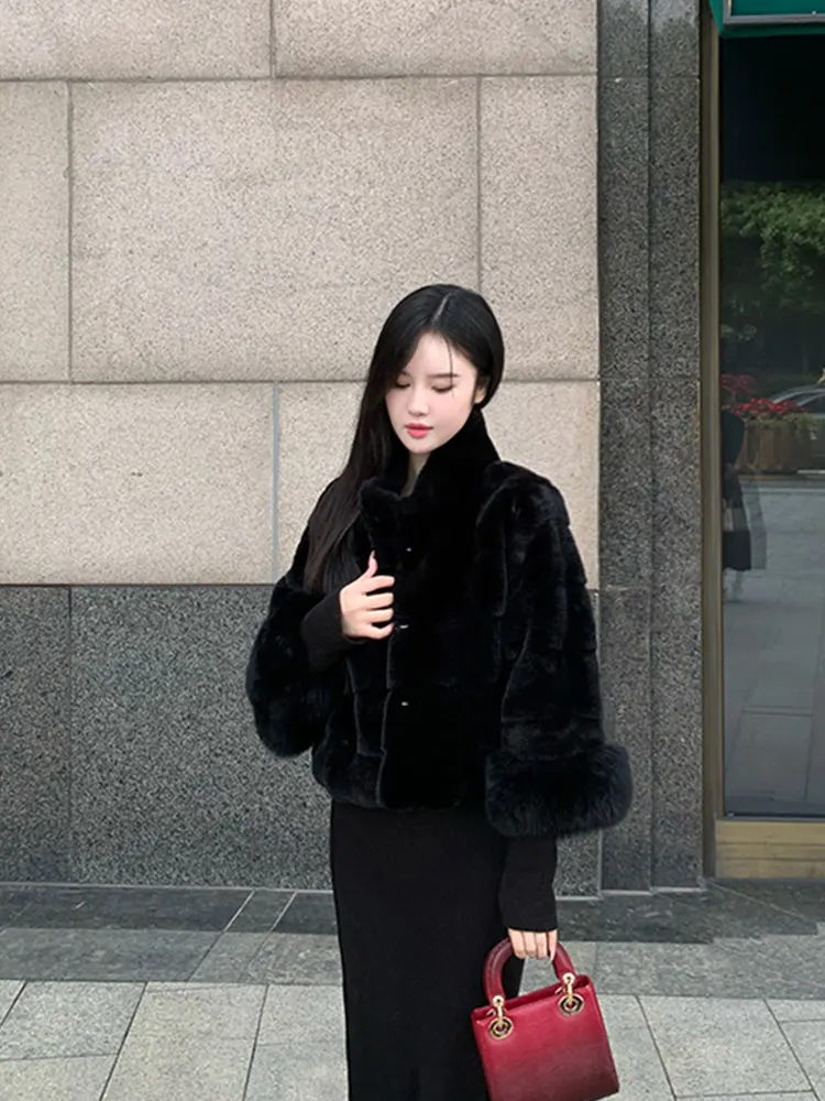 2026 Elegant Cropped Faux Fox Fur Coat for Women Autumn Winter Fashion Fluffy Cuff Warm Jacket Female Soft Cozy Plush Outerwear
