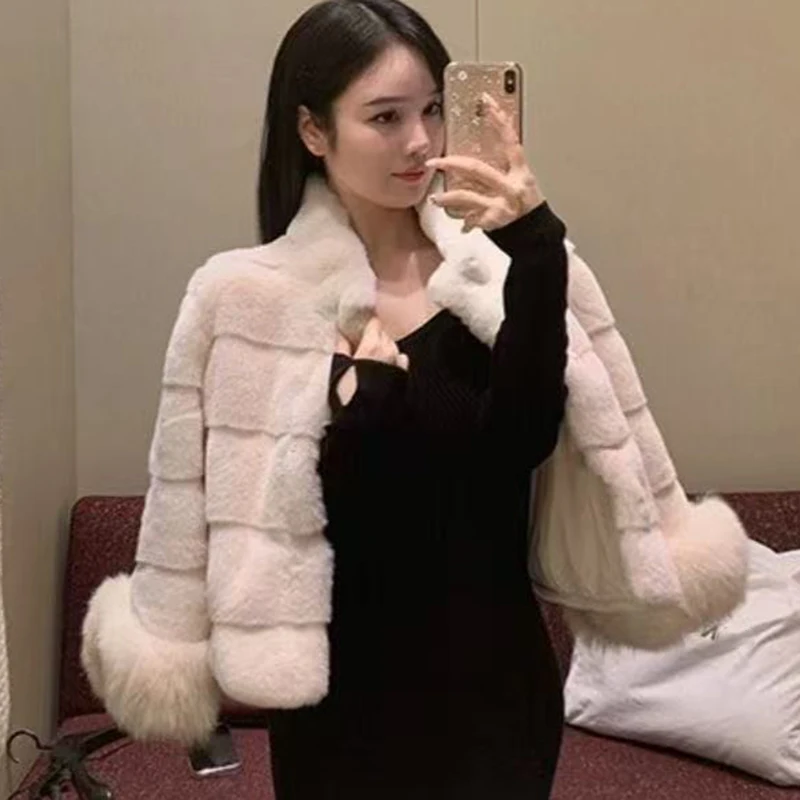 2026 Elegant Cropped Faux Fox Fur Coat for Women Autumn Winter Fashion Fluffy Cuff Warm Jacket Female Soft Cozy Plush Outerwear