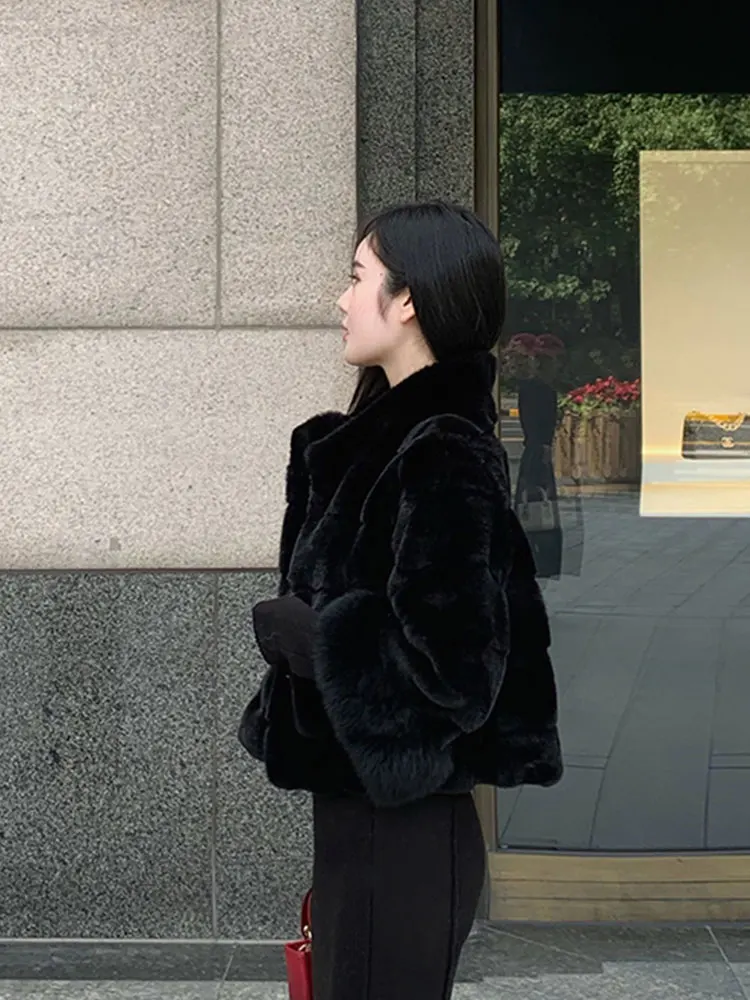 2026 Elegant Cropped Faux Fox Fur Coat for Women Autumn Winter Fashion Fluffy Cuff Warm Jacket Female Soft Cozy Plush Outerwear