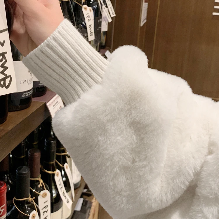Nerazzurri Winter White Oversized Faux Fur Jacket Women with Hood Raglan Sleeve Zipper Korean Fashion Clothing for Womens 2021