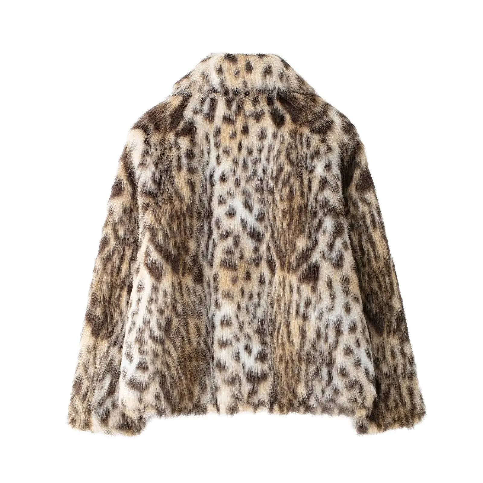 HH Woman Lapel Long Sleeves Side Pockets Casual Coat Women Winter Leopard Print Faux Fur Loose Slim Warm Coat Mujer
