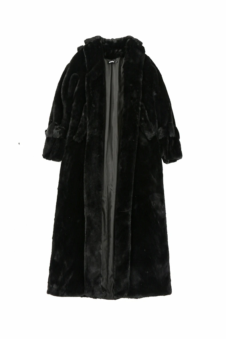 Nerazzurri Winter Long Black Fluffy Faux Fur Trench Coat for Women with Detachable Fake Fox Fur Vest Luxury Designer Clothes