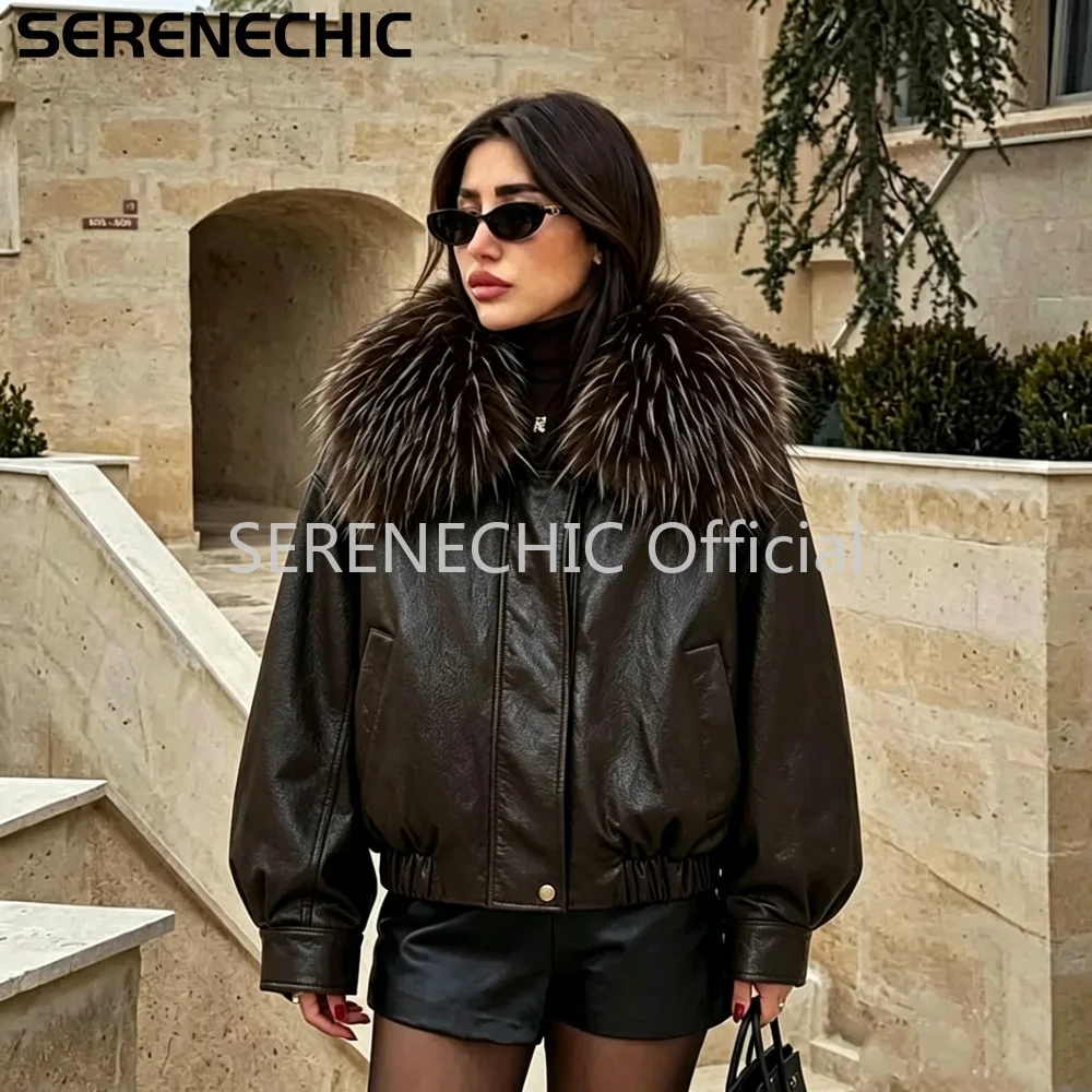 SERENECHIC Exclusive Faux Raccoon Fur Collar Brown PU Leather Jacket Women Winter Warm Windproof Insulation Faux Leather Coat