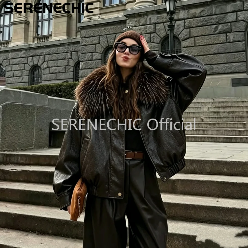 SERENECHIC Exclusive Faux Raccoon Fur Collar Brown PU Leather Jacket Women Winter Warm Windproof Insulation Faux Leather Coat