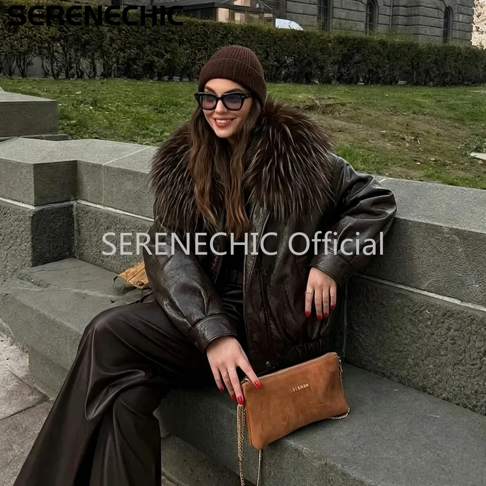 SERENECHIC Exclusive Faux Raccoon Fur Collar Brown PU Leather Jacket Women Winter Warm Windproof Insulation Faux Leather Coat
