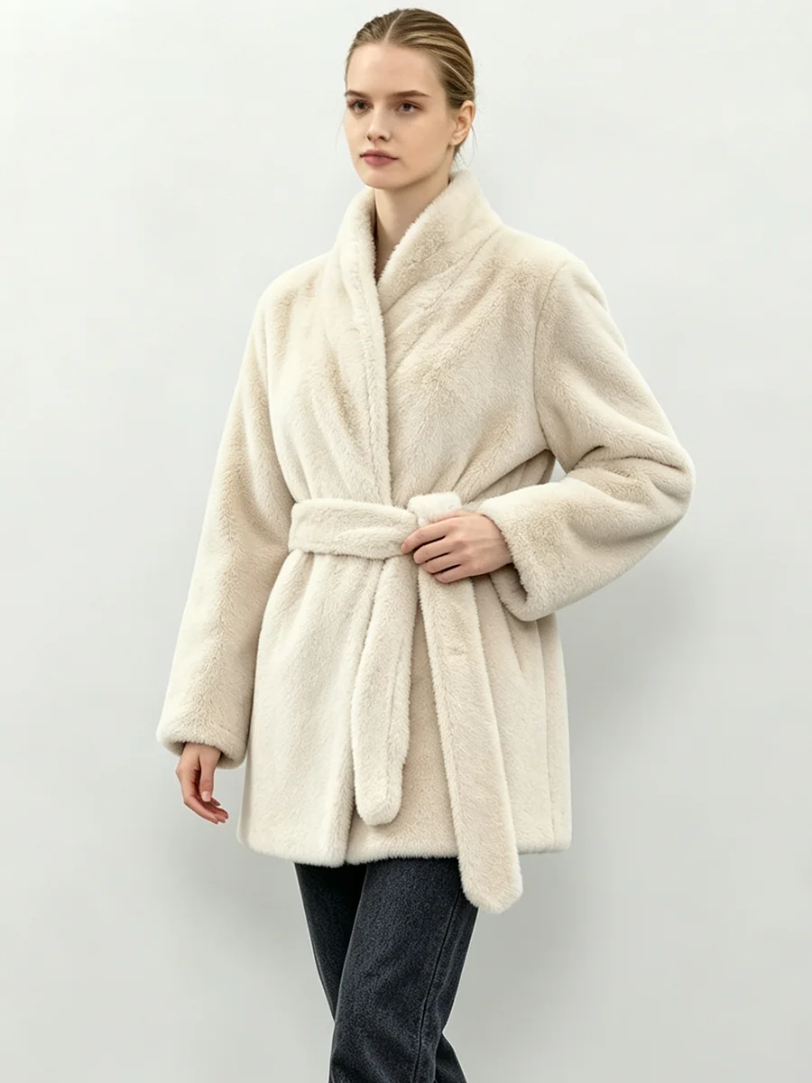 LIMO Women Faux Mink Fur Coat Wrap Belted Waist Stand Collar Long Sleeve Loose Warm Winter Elegant Ladies Plush Outerwear