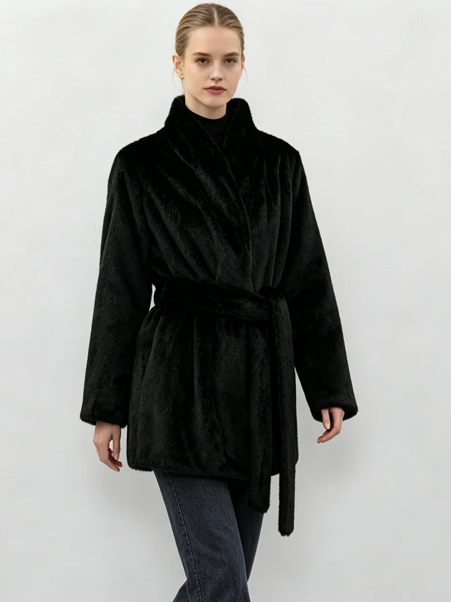 LIMO Women Faux Mink Fur Coat Wrap Belted Waist Stand Collar Long Sleeve Loose Warm Winter Elegant Ladies Plush Outerwear