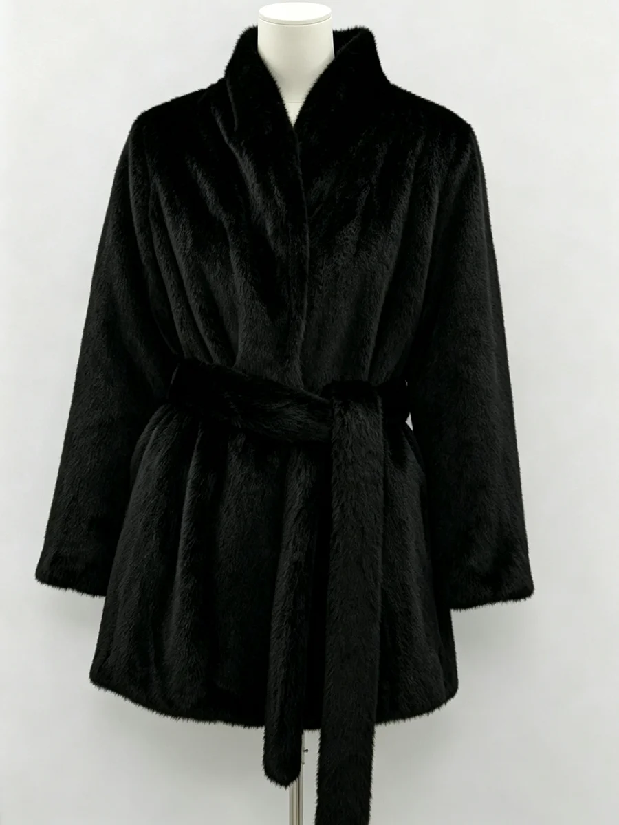 LIMO Women Faux Mink Fur Coat Wrap Belted Waist Stand Collar Long Sleeve Loose Warm Winter Elegant Ladies Plush Outerwear