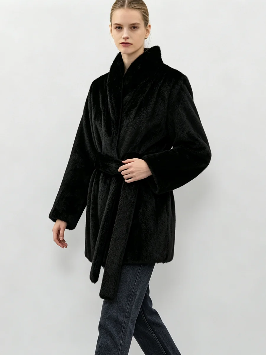 LIMO Women Faux Mink Fur Coat Wrap Belted Waist Stand Collar Long Sleeve Loose Warm Winter Elegant Ladies Plush Outerwear