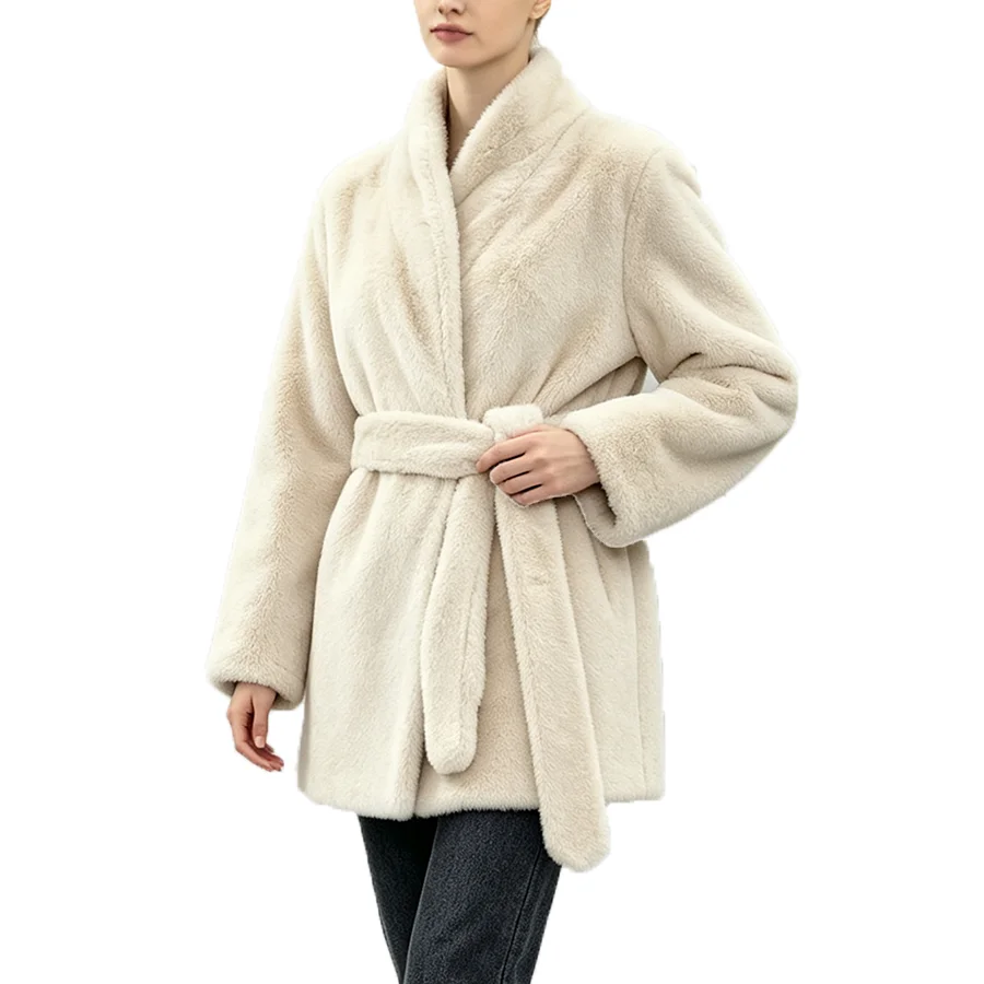 LIMO Women Faux Mink Fur Coat Wrap Belted Waist Stand Collar Long Sleeve Loose Warm Winter Elegant Ladies Plush Outerwear