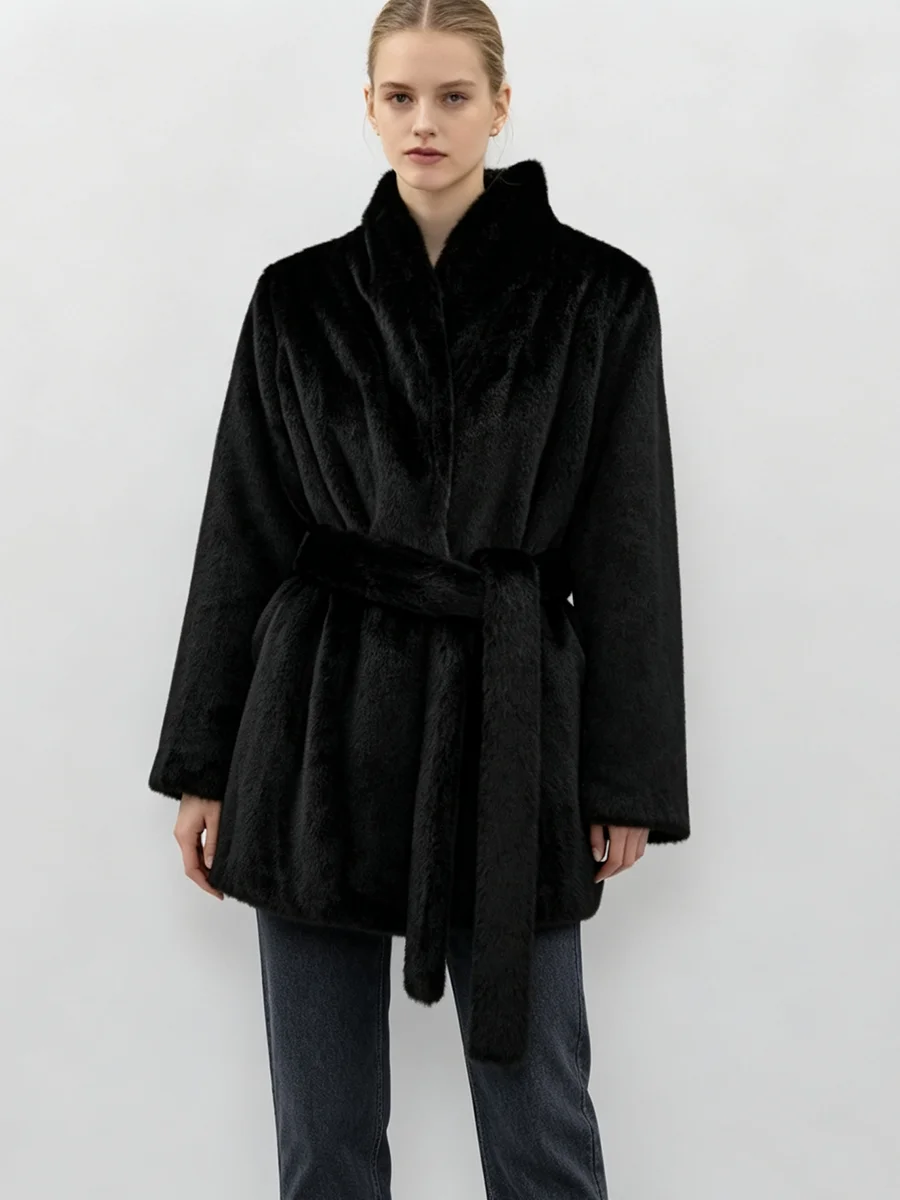 LIMO Women Faux Mink Fur Coat Wrap Belted Waist Stand Collar Long Sleeve Loose Warm Winter Elegant Ladies Plush Outerwear