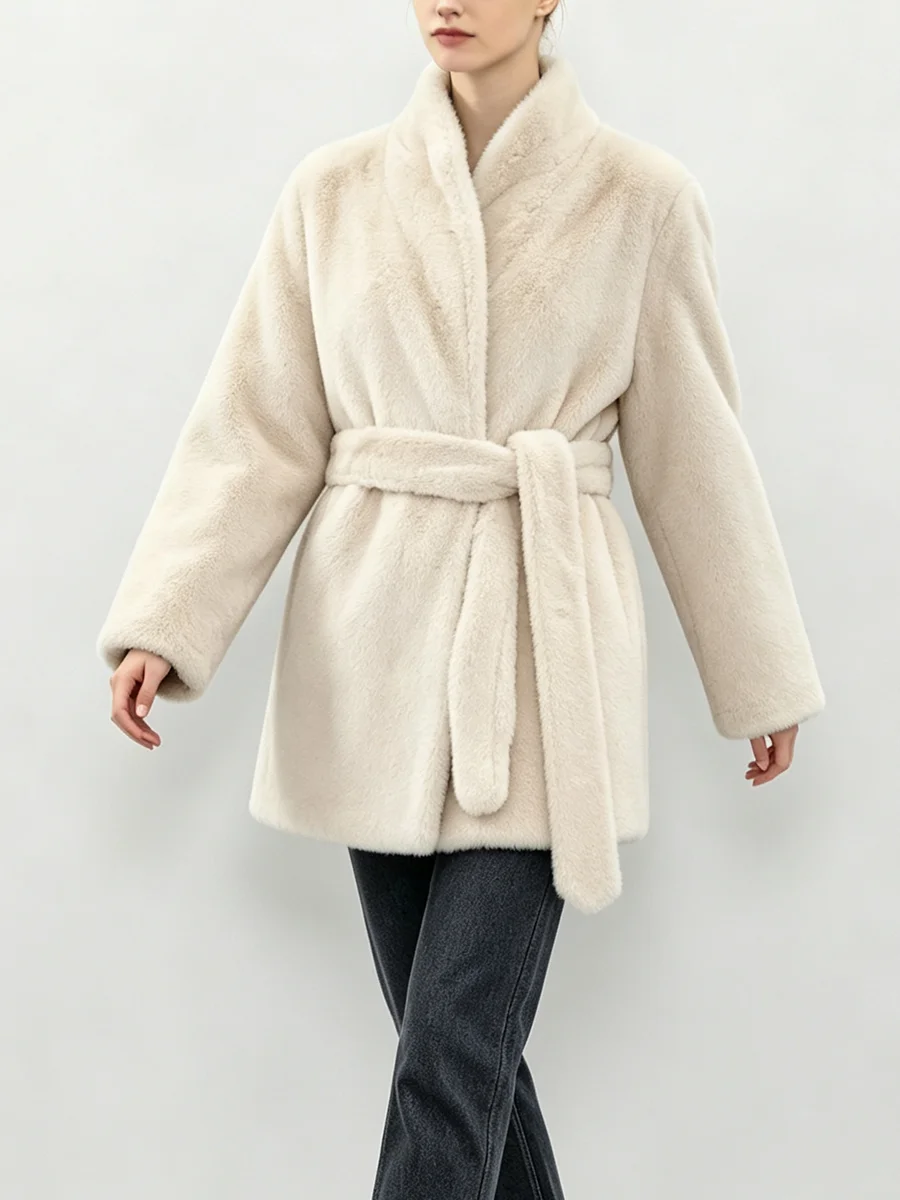 LIMO Women Faux Mink Fur Coat Wrap Belted Waist Stand Collar Long Sleeve Loose Warm Winter Elegant Ladies Plush Outerwear