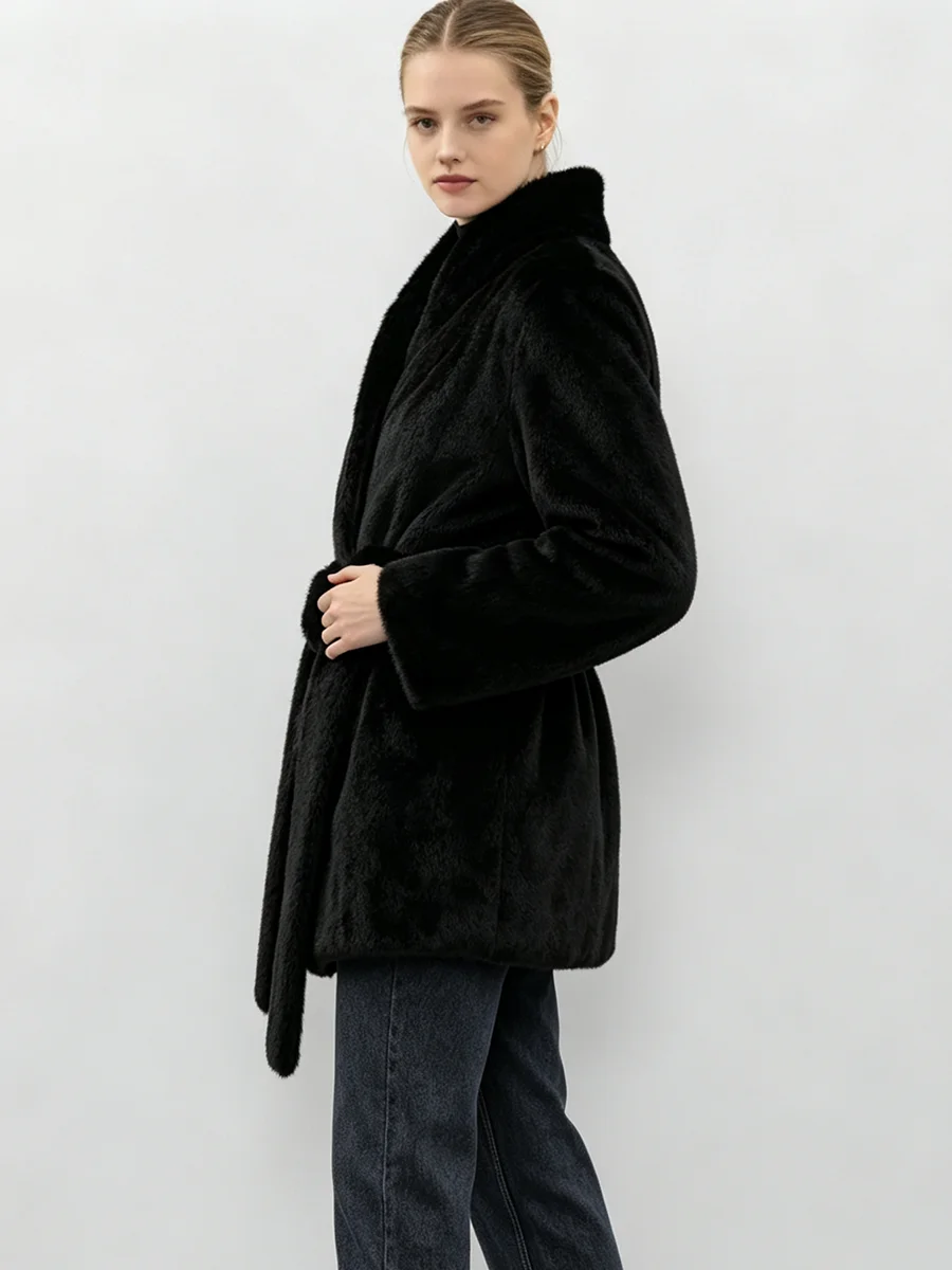 LIMO Women Faux Mink Fur Coat Wrap Belted Waist Stand Collar Long Sleeve Loose Warm Winter Elegant Ladies Plush Outerwear