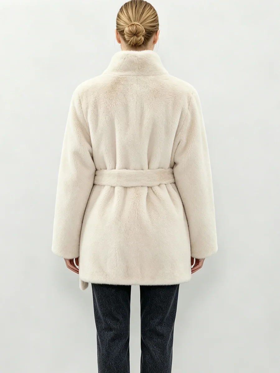 LIMO Women Faux Mink Fur Coat Wrap Belted Waist Stand Collar Long Sleeve Loose Warm Winter Elegant Ladies Plush Outerwear