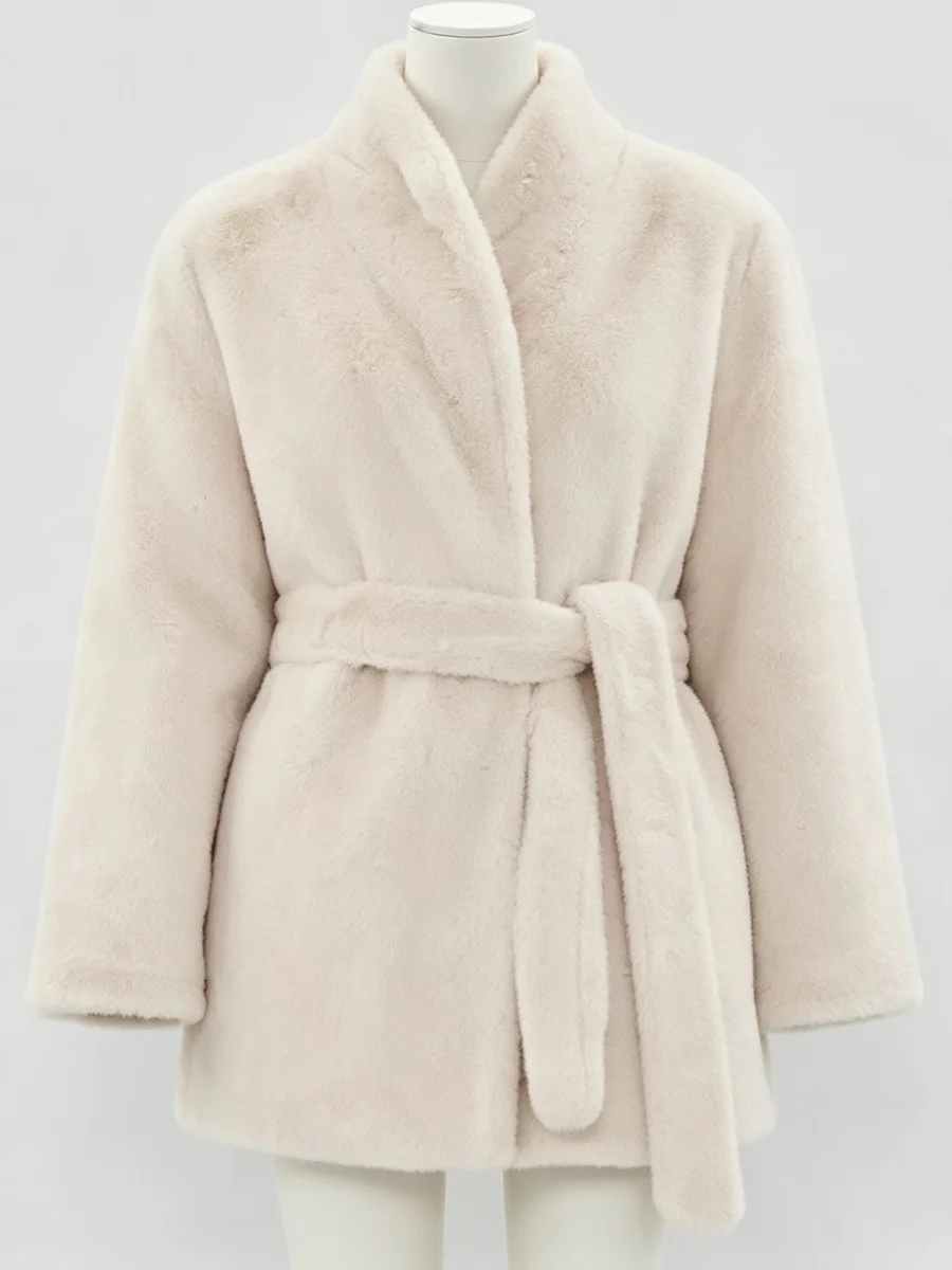 LIMO Women Faux Mink Fur Coat Wrap Belted Waist Stand Collar Long Sleeve Loose Warm Winter Elegant Ladies Plush Outerwear